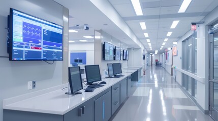 Wall Mural - A nurse station in a modern healthcare facility, with digital screens displaying patient statuses and alerts. 