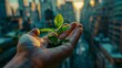 © G.Go - Green Living in the City, hand cradling a small plant against the backdrop of bustling city. The image should inspire viewers to embrace green initiatives and connect with nature even in environments