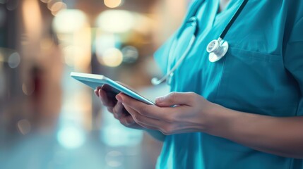 Wall Mural - A nurse's hands holding a tablet or smartphone, representing the integration of technology in modern nursing practice.