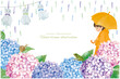 水彩手書きの梅雨の雨と傘をさす女の子の梅雨のフレーム