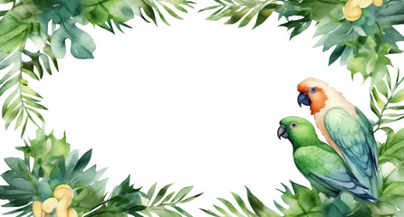 Wall Mural - Tropical green leaves with parrot bird for decoration art frame,wallpaper,card and banner on transparent background.