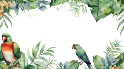 Poster - Tropical green leaves with parrot bird for decoration art frame,wallpaper,card and banner on transparent background.