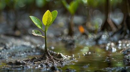 Wall Mural - Mangrove Seeding, Close-up image of a young mangrove seedling, known as a propagule, still attached to the parent tree before it drops into the water.