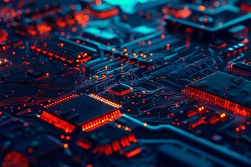 Poster - Illuminated Circuit Board Close-up in Blue and Red Tones