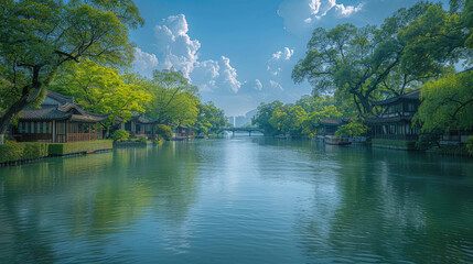Wall Mural - Jiangnan water town, small bridge and flowing river, blue sky white clouds. Created with Ai