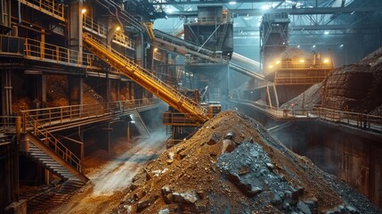 Ore Processing Plant: Interior shot of an ore processing plant where the ore is crushed and sorted, focusing on machinery and worker oversight.