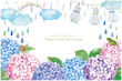 水彩手書きの梅雨の雨と紫陽花のシンプルなフレームのイラスト素材