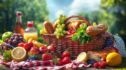 Sticker - Picnic Basket, A picnic basket filled with summer fruits, sandwiches, and a bottle of lemonade, ready for a sunny park picnic.