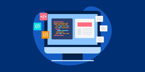Programming and coding script for web development project, building web-based software application conceptual vector illustration.