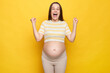 Extremely happy cheerful excited Caucasian pregnant woman in casual clothing posing isolated over yellow background exclaiming with raised clenched fists celebrating good news