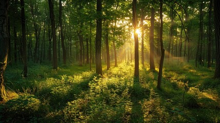 Wall Mural - Sunlight filters through the trees in a misty autumn forest