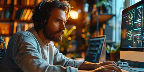 Aufkleber - Serious programmer sitting at his workplace and working on the computer. Generative AI.