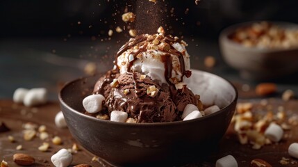 Rocky road ice cream melting, with marshmallows and nuts, against a dark chocolatey background lightened to fit the minimalist style