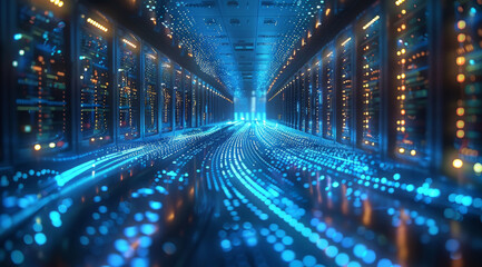Aufkleber - A futuristic data center with glowing energy waves emanating from the computers, symbolizing advanced technology and connectivity. Blue hues dominate the black background. Generative AI.