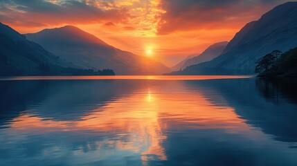 Wall Mural - tranquil beauty of a sunrise reflected in the still waters of a mountain lake