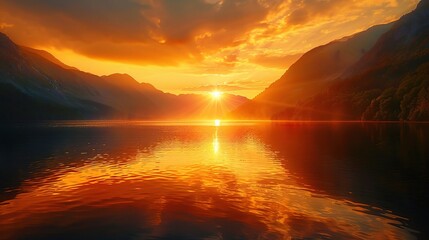 Wall Mural - tranquil beauty of a sunrise reflected in the still waters of a mountain lake