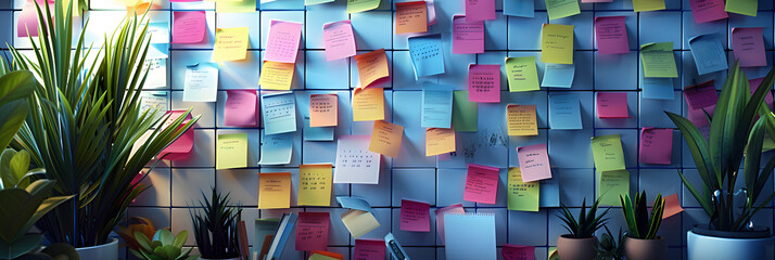 Top view on messy office desk with laptop, coffee and post it notes all around.