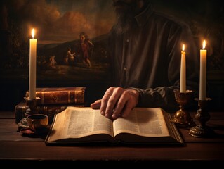 a man sitting at a table with a book and candles