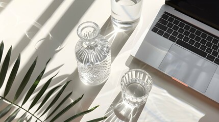 Flatlay laptop computer, decanter and glass of clean pure water casting sunlight shadow. Top view minimalist aesthetic work, business concept 