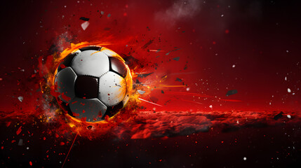 3D rendering of a black and white soccer ball burning with hot flames on a red background under a spotlight background.