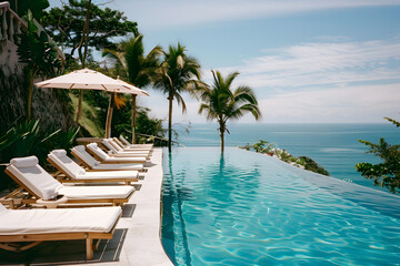 Swimming pool and sun loungers at stylish tropical spa hotel, summertime banner mockup. Summer travel sales and vacation concept.