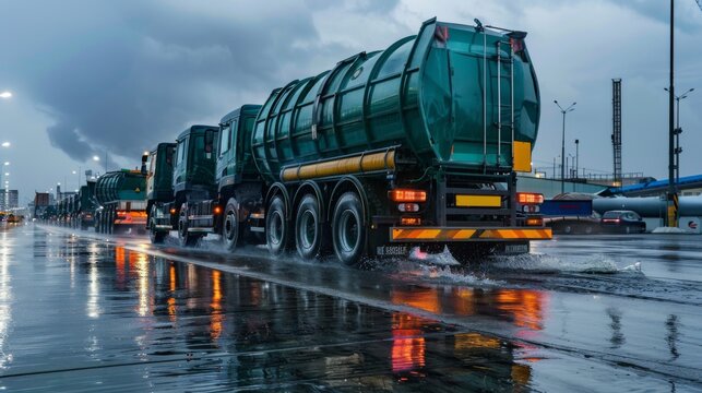 Transportation of Industrial Waste, Depict large, secure trucks transporting sealed containers of hazardous waste from factories to treatment facilities, focusing on logistics and safety protocols.