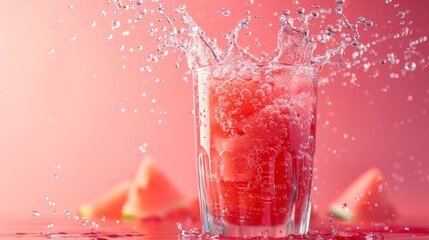 Wall Mural - Watermelon Wave - Watermelon juice in a glass with a wave-like motion at the top, suggesting movement and fluidity. --ar 16:9 --stylize 250 Job ID: 51b24170-458d-4756-946f-aa15f0719dcb