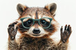 Portrait of cute funny racoon with glasses showing raised hands isolated on grey background. Created with Ai