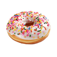 A delicious donut, topped with white icing and colorful sprinkles.