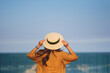Rear view image of a woman with hat standing on glass terrace with sea and blue sky background