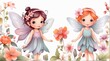 Adorable watercolor flower fairies with red hair, perfect for storybook illustrations, notebooks, nursery posters or fairy tale projects.