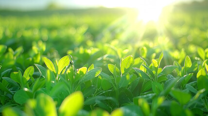 Wall Mural - A field of green plants with the sun shining on them
