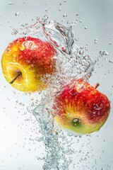 Wall Mural - two apples exploding on the water, with soda water on the surface of the apples, white background, refreshing