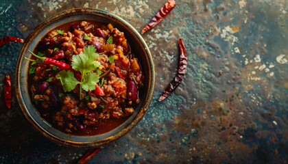 Wall Mural - photo shot a bowl of chili sitting on top of a table, hurufiyya, detailed product image, zmonzheng, deep impasto, food photograph, top view, copy space