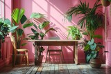 Fototapeta  - Elegant, but simple small wood table banquet in a boho plant room with pink walls and a wood floor. Generative AI.