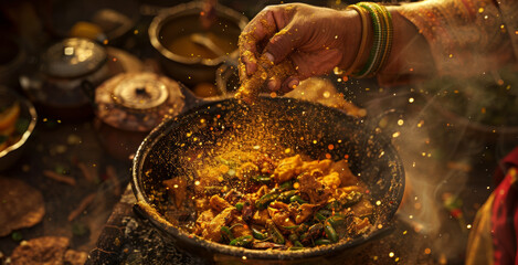 Wall Mural - photorealistic closeup of an indian chef sprinkling seasoning to a dish from above