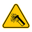 Emergency hammer warning sign. Vector illustration of yellow triangle sign with safety hammer and glass cracked icon inside. Safety symbol isolated on white background. Caution.