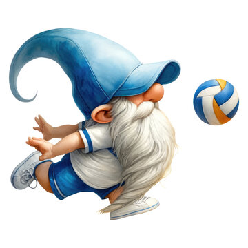 A cartoon gnome is playing volleyball. He is wearing a blue hat and a white shirt. He has a long white beard. The background is transparent.