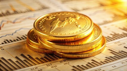 Wall Mural - Close-Up of a Golden Coin on Stock Market Reports: An image focusing on a shiny golden coin resting on a pile of detailed stock market analysis papers, with graphs and numbers visible