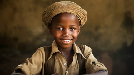 Wall Mural - African dark-skinned happy and smiling boy child sitting at a desk at school.