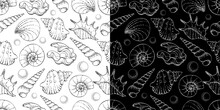 Black And White Seamless Pattern Of Sea Shells, Monochrome Background. Seashells And Conchs, Hand Drawn Lines And Dots, Grainy Texture. Vector Print, Undersea Design For Fabric, Wallpaper And Package.