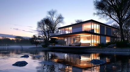 Wall Mural - 3d rendering of modern house by the river at evening