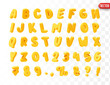 © lauritta - Yellow Font realistic 3d design. Complete alphabet and numbers from 0 to 9. Collection of large letters in cartoon style. Fonts are voluminous with different slants. Vector illustration