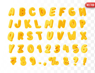 Wall Mural - Yellow Font realistic 3d design. Complete alphabet and numbers from 0 to 9. Collection of large letters in cartoon style. Fonts are voluminous with different slants. Vector illustration