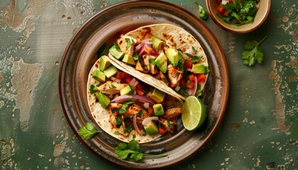 Wall Mural - Mexican Chicken Tacos prepared using tortillas, chicken, avocado, lime, onions and coriander as main ingredients. No cutlery should be present. Served on a distinctly beige matte ceramic plate
