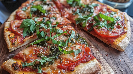 Wall Mural - Delicious vegan pizza on a wooden kitchen board, sliced