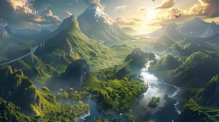 Wall Mural - A planet landscape with a mountain range covered in lush forests and vegetation. a beautiful river cuts through the mountain range. Aerial high view. Generative AI.