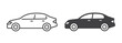 Sedan car icons in line and solid styles, flat vector pictograms. Elegant black and white representations suitable for urban environments.