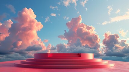 Wall Mural - 3d render red podium, sky background, valentine day 