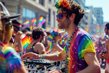 a man in a rainbow shirt is playing a dj set